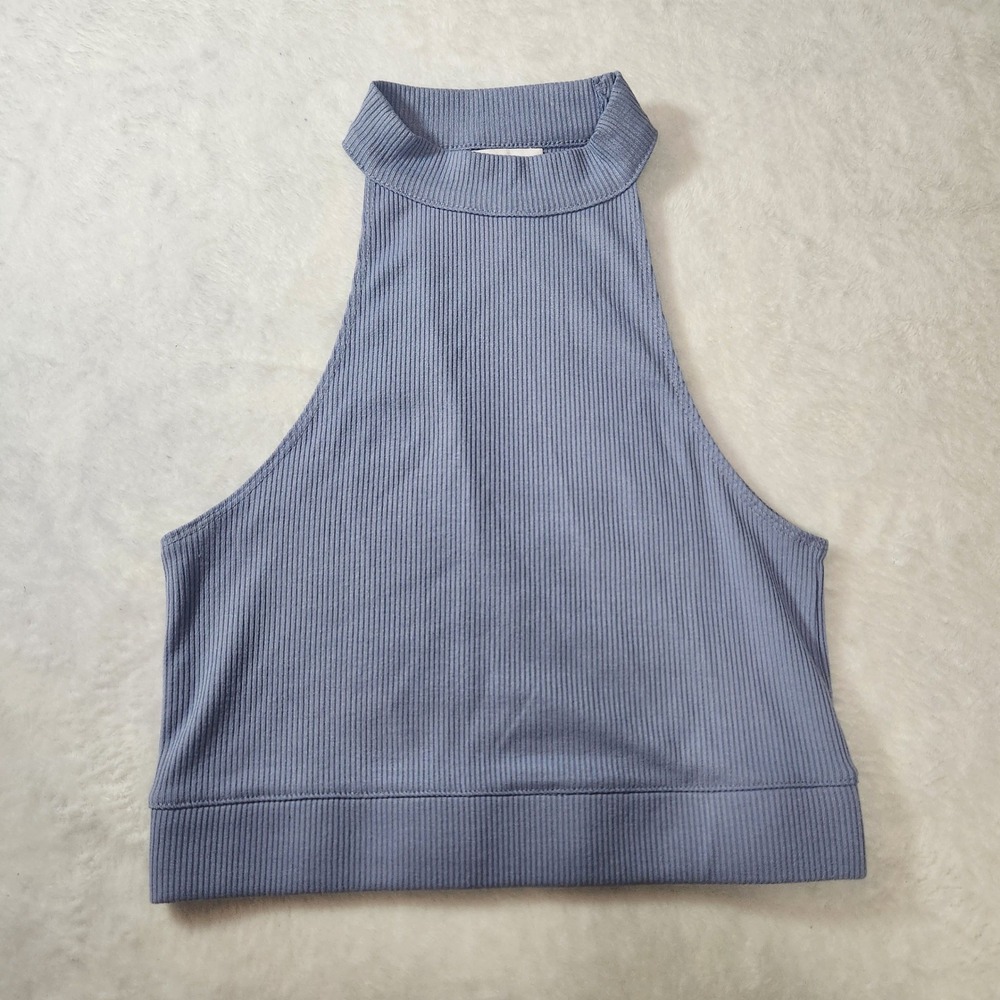 GB Chic Dusty Blue Ribbed Mock Neck Halter Sleeveless Crop Top S Quiet Luxury